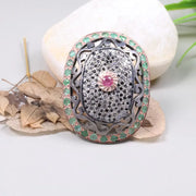 Victorian Style Ring – 1980s Gemstone Harmony Ring with Pink Ruby & Diamond, Bold Vintage Sterling Silver Birthstone Jewelry