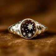 Celestial Starburst Lab Grown Diamond Signet Ring in Gold Vintage Inspired Astrology Ring for Him & Her
