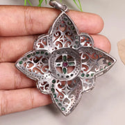 1980s Victorian Style Jewelry – Sterling Silver Vintage Pendant with Pink & Green Ruby Diamonds | Gothic Antique Jewelry Gift