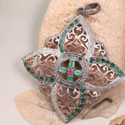1980s Victorian Style Jewelry – Sterling Silver Vintage Pendant with Pink & Green Ruby Diamonds | Gothic Antique Jewelry Gift