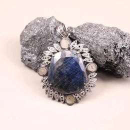 Vintage sterling silver marquise-shaped pendant with large blue gemstone, Art Deco style jewelry, unique gift for her