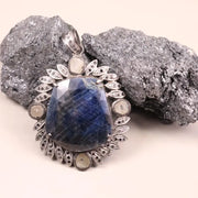 Vintage Large Blue Gemstone Pendant – Sterling Silver Marquise Shaped Pendant | Art Deco Style Jewelry, Unique Gift for Her