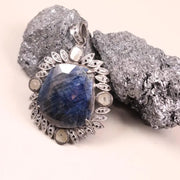 Vintage Large Blue Gemstone Pendant – Sterling Silver Marquise Shaped Pendant | Art Deco Style Jewelry, Unique Gift for Her