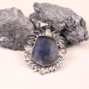 Vintage Large Blue Gemstone Pendant – Sterling Silver Marquise Shaped Pendant | Art Deco Style Jewelry, Unique Gift for Her