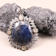 Vintage Large Blue Gemstone Pendant – Sterling Silver Marquise Shaped Pendant | Art Deco Style Jewelry, Unique Gift for Her