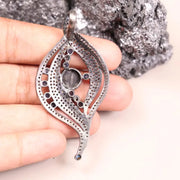 Antique Art Deco Sterling Silver Sapphire Pendant – Unique Wave Design Necklace with White Diamond Accents, Statement Jewelry Gift