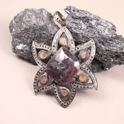 Art Deco Style Silver Pendant – Large Purple Gemstone Handmade Statement Jewelry | Antique Flower Pendant, 19th Century Gift