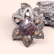 Art Deco Style Silver Pendant – Large Purple Gemstone Handmade Statement Jewelry | Antique Flower Pendant, 19th Century Gift