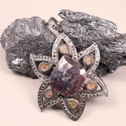 Art Deco Style Silver Pendant – Large Purple Gemstone Handmade Statement Jewelry | Antique Flower Pendant, 19th Century Gift