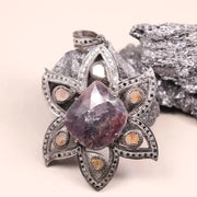 Art Deco style silver pendant with large purple gemstone, handmade antique flower design, 19th century statement jewelry gift