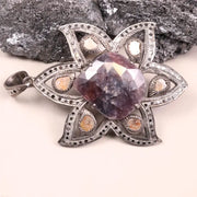 Art Deco Style Silver Pendant – Large Purple Gemstone Handmade Statement Jewelry | Antique Flower Pendant, 19th Century Gift