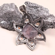 Art Deco Style Silver Pendant – Large Purple Gemstone Handmade Statement Jewelry | Antique Flower Pendant, 19th Century Gift