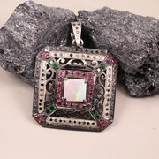 Victorian Style Opal Pendant – Sterling Silver Square Necklace with Ruby, Emerald & Black Diamond Accents | Unique Statement Jewelry Gift