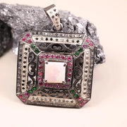 Victorian Style Opal Pendant – Sterling Silver Square Necklace with Ruby, Emerald & Black Diamond Accents | Unique Statement Jewelry Gift