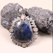 Vintage Large Blue Gemstone Pendant – Sterling Silver Marquise Shaped Pendant | Art Deco Style Jewelry, Unique Gift for Her