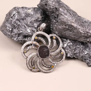 Victorian Sterling Silver Flower Pendant – Black Gemstone Necklace with Diamond & Yellow Accents, Handmade Statement Jewelry