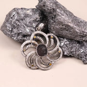 Victorian Sterling Silver Flower Pendant – Black Gemstone Necklace with Diamond & Yellow Accents, Handmade Statement Jewelry