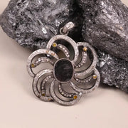 Victorian Sterling Silver Flower Pendant – Black Gemstone Necklace with Diamond & Yellow Accents, Handmade Statement Jewelry
