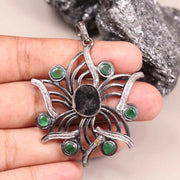 Vintage Oval Black Diamond Pendant – Green Gemstone Sterling Silver Statement Pendant | Antique Style Old-World Jewelry, Unique Gift