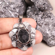 Oval Black Stone Pendant – Victorian Sterling Silver Floral Boho Gothic Necklace, Handmade Unique Statement Jewelry