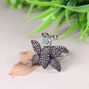 Victorian Butterfly Statement Ring – Silver Emerald & Black Diamond Cocktail Ring | Gothic Nature-Inspired Unique Insect Jewelry for Her