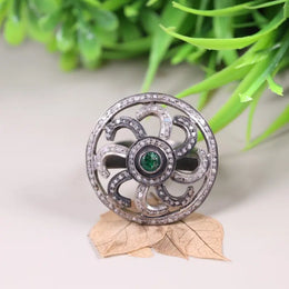 Art Deco Style Ring – Natural Emerald with White Diamonds, 1882s Vintage Dainty Green Gemstone Ring, Minimalist Jewelry for Women