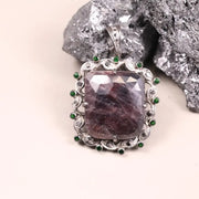 Art Deco Style Pendant – Large Purple Gemstone with Silver, Green & Black Diamond Accents | 18th Century Inspired Jewelry Gift
