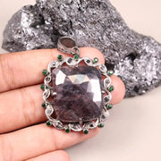 Art Deco Style Pendant – Large Purple Gemstone with Silver, Green & Black Diamond Accents | 18th Century Inspired Jewelry Gift
