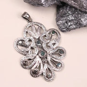 Sterling Silver Diamond Pendant – Victorian Style Dark Green Stone with Natural Black Diamond | Elegant Minimalist Silver Jewelry