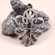 Sterling Silver Diamond Pendant – Victorian Style Dark Green Stone with Natural Black Diamond | Elegant Minimalist Silver Jewelry
