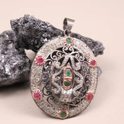 Victorian Oval Cut Pendant – Pink & Green Ruby Diamond Sterling Silver Antique Style Jewelry Gift