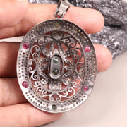 Victorian Oval Cut Pendant – Pink & Green Ruby Diamond Sterling Silver Antique Style Jewelry Gift