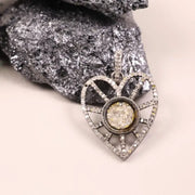 Victorian Silver Heart Shaped Diamond Pendant Necklace – Statement Jewelry, Handmade 19th Century Sparkling Love Charm Gift