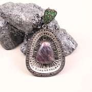 Vintage Pear Shape Pendant – Art Deco Style Silver Pendant with Large Purple Gemstone & Green Stone | 19th Century Inspired Jewelry Gift