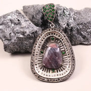 Vintage Pear Shape Pendant – Art Deco Style Silver Pendant with Large Purple Gemstone & Green Stone | 19th Century Inspired Jewelry Gift