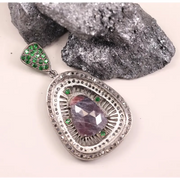 Vintage Pear Shape Pendant – Art Deco Style Silver Pendant with Large Purple Gemstone & Green Stone | 19th Century Inspired Jewelry Gift