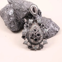Antique natural black diamond pendant in sterling silver, Art Deco teardrop statement jewelry, pear cut unique style jewelry