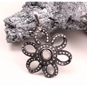Antique Vintage Floral Pendant – Handmade Black Stone Victorian Necklace, 1990s Boho Gothic Jewelry, Unique Old Style Gift