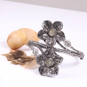 Vintage 1980s flower black diamond bangle, 925 sterling silver floral cuff bracelet with natural round diamonds, antique statement jewelry