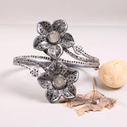 Vintage 1980s Flower Black Diamond Bangle – 925 Sterling Silver Elegant Floral Cuff Bracelet with Natural Round Diamonds, Antique Statement Jewelry