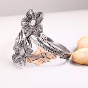 Vintage 1980s Flower Black Diamond Bangle – 925 Sterling Silver Elegant Floral Cuff Bracelet with Natural Round Diamonds, Antique Statement Jewelry