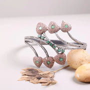 Vintage 1990s heart cuff bracelet with green stone, antique 925 sterling silver bangle, unique statement jewelry gift for women