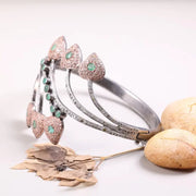 Vintage 1990s Heart Cuff Bracelet – Antique 925 Sterling Silver Bangle with Green Stone, Unique Statement Jewelry Gift for Women