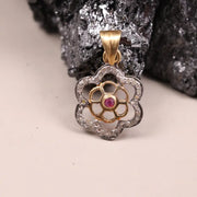 Victorian Silver Flower Pendant – Dainty Pink Ruby Gemstone Necklace, Handmade Antique Jewelry, Anniversary Gift