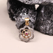 Victorian Silver Flower Pendant – Dainty Pink Ruby Gemstone Necklace, Handmade Antique Jewelry, Anniversary Gift