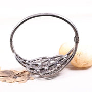 Vintage 1990s Rose Gold Floral Cuff Bracelet – Elegant Designer Statement Jewelry with Brown Stones & Black Rhodium Finish