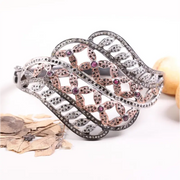 Vintage 1995 rose gold floral cuff bracelet with brown stones, black rhodium finish elegant designer statement jewelry