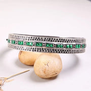 Vintage Art Deco Sterling Silver Bracelet – Elegant Princess Cut Green Square Stone Cuff, 925 Handmade Vintage Style Jewelry for Her