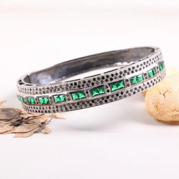 Vintage Art Deco Sterling Silver Bracelet – Elegant Princess Cut Green Square Stone Cuff, 925 Handmade Vintage Style Jewelry for Her