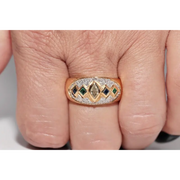 Luxury lab created gemstone ring with emerald cut green stone and diamond accents